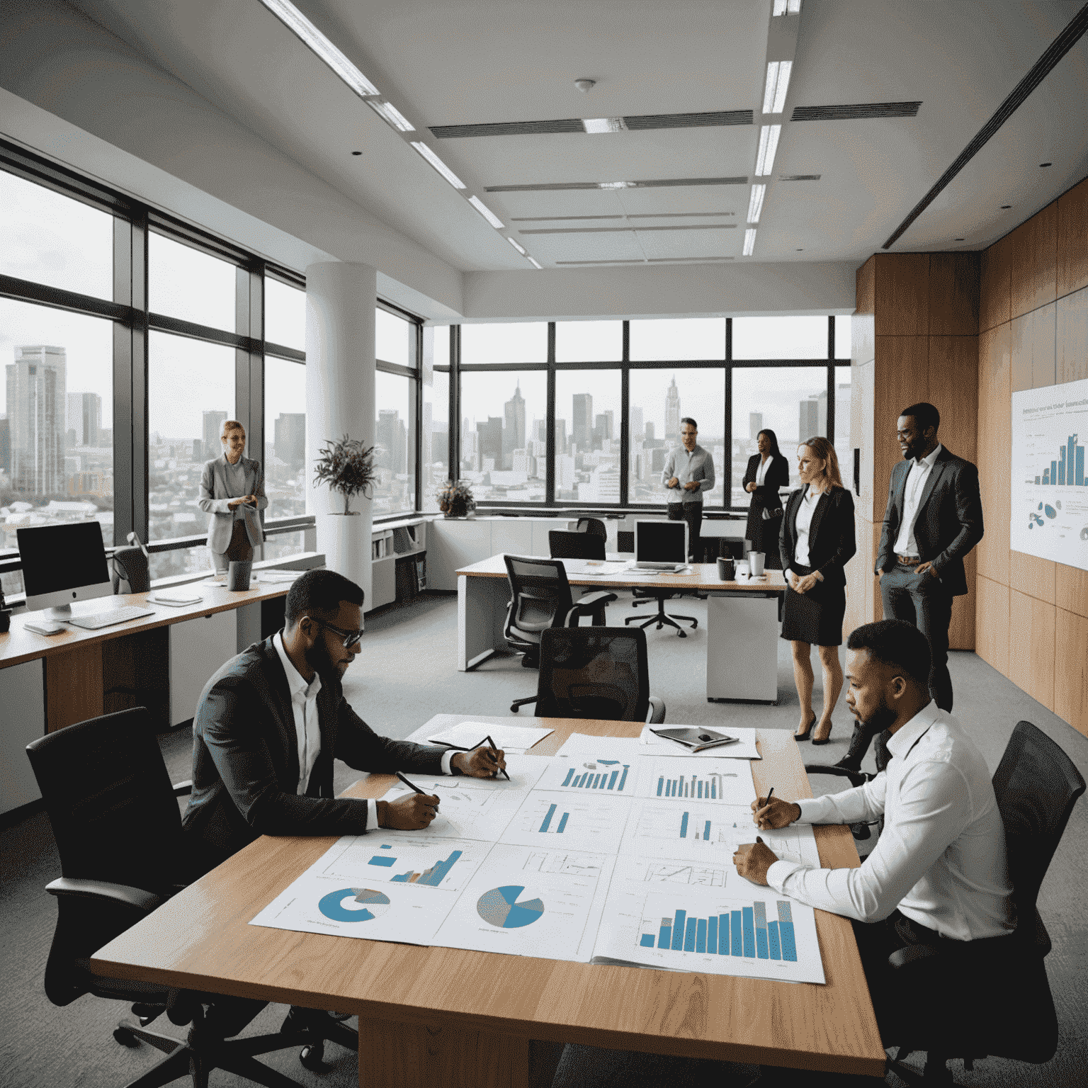 Team of CapeCONSULT consultants collaborating on a public sector project, showcasing diverse professionals in a modern office setting with charts and government building models visible