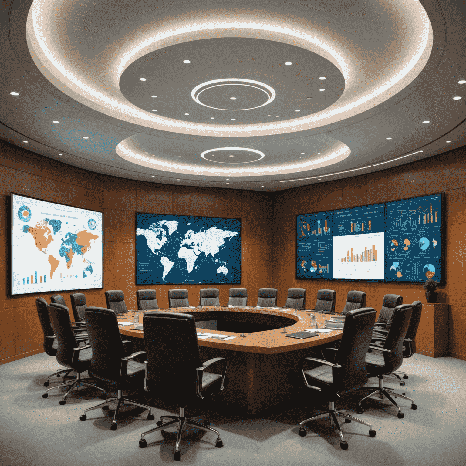 A large conference room with government officials and business executives discussing state-owned enterprise management. The room has a professional atmosphere with charts and graphs displayed on screens.