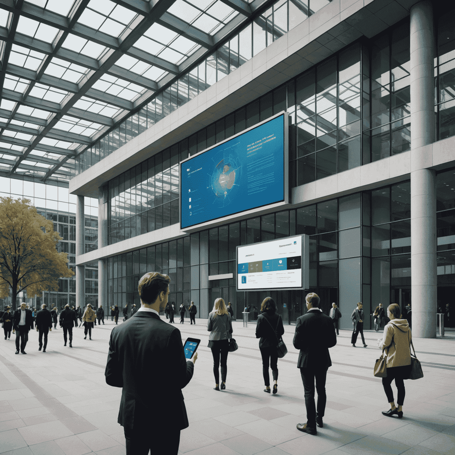 A modern government building with digital displays and citizens using mobile devices to access services