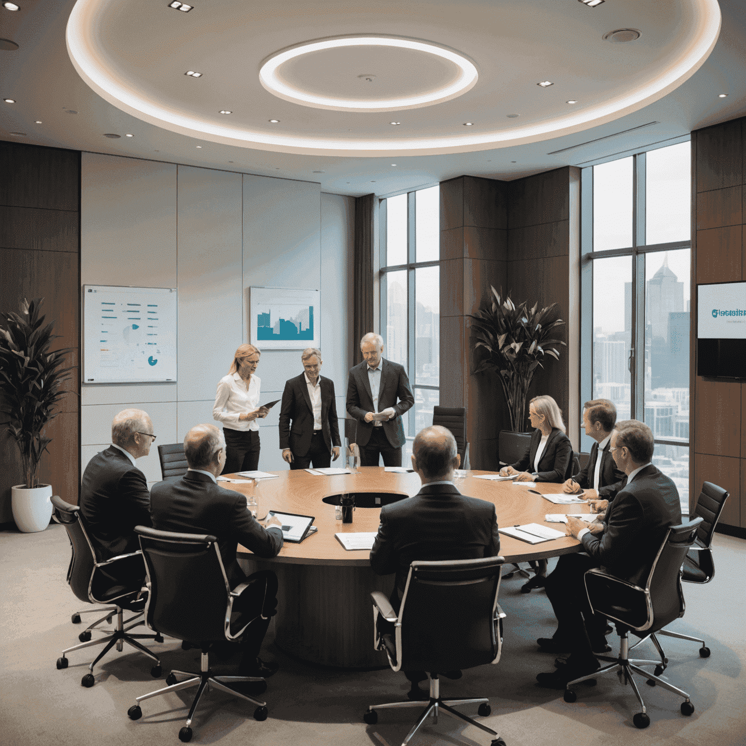 A professional meeting between public sector officials and private sector executives, discussing partnership strategies in a modern conference room. The image showcases diverse participants collaborating over documents and digital presentations.