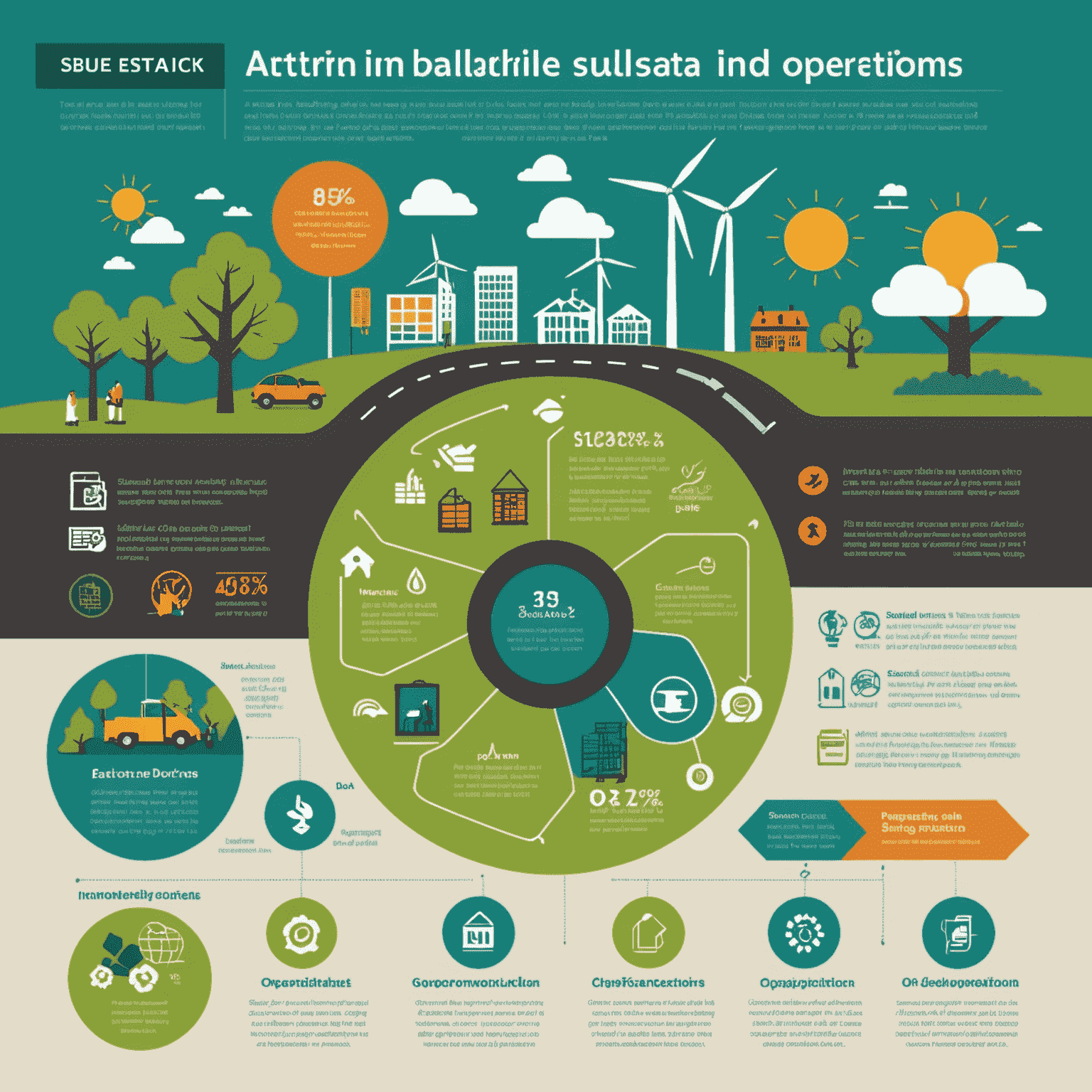 Infographic showing various aspects of sustainability in public sector operations, including renewable energy, waste reduction, and social inclusion