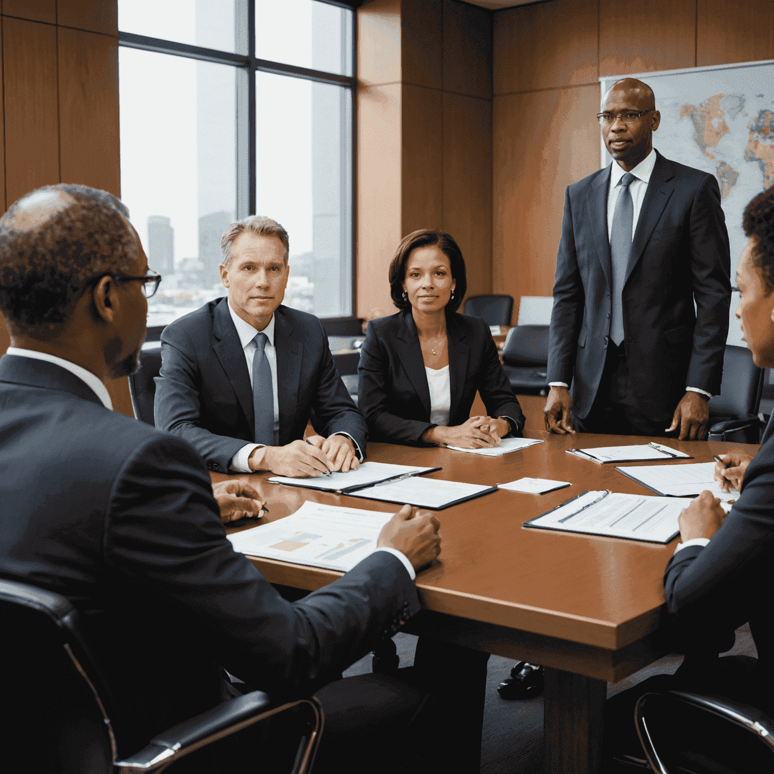 A business consultant presenting a strategic plan to a diverse group of SOE executives and government officials in a boardroom setting.